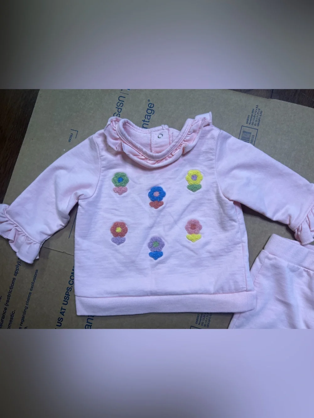 Little Me Pink Floral Embroidered 3-Piece Sweatpants & Tops Set